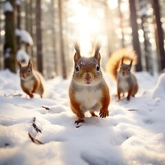 Squirrels in a winter wonderland of a snowy forest