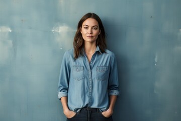Portrait of a satisfied woman in her 30s sporting a versatile denim shirt against a bare monochromatic room. AI Generation - obrazy, fototapety, plakaty