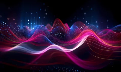 Küchenrückwand glas motiv Futuristic abstract background with glowing waves. 3d audio soundwave visualization of sound. Colorful music pulse oscillation as impulse pattern. Signal waveform digital beats volume. Generative AI © Synesthesia AI Stock