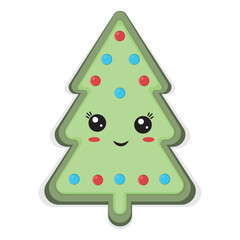 Christmas tree character kawaii cartoon style, color isolated illustration
