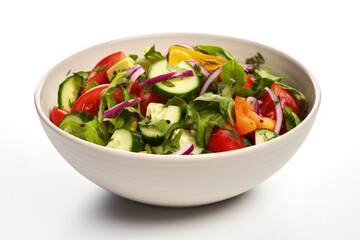 A bowl of colorful vegetable salad emphasizing plant-based diet isolated on a white background 