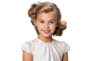 A young Girl Dressed as a superstar with a beautiful smile on a white Background with Space for Copy isolated PNG