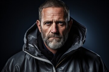 Obraz premium Portrait of a tender man in his 40s dressed in a water-resistant gilet against a bare monochromatic room. AI Generation