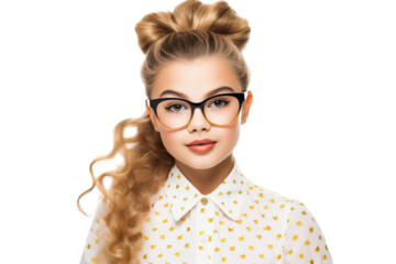 A young Girl Dressed as a superstar with a beautiful smile on a white Background with Space for Copy isolated PNG