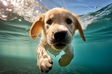 Golden labrador retriever puppy playing and training underwater