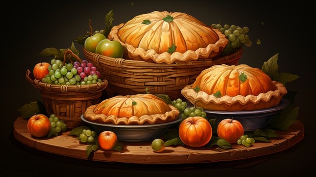 vegetables and pies for Thanksgiving day. Fantasy concept , Illustration painting.