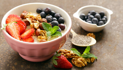 healthy eating porridge for breakfast with berries and nuts