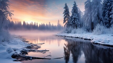  the essence of winter solstice. Showcase the tranquil natural setting with a soft, wintry landscape - obrazy, fototapety, plakaty