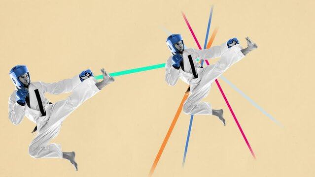 Sportive strong man, mma athlete, fighter in uniform training, hitting with leg. Stop motion, animation. Concept of professional sport, creativity, healthy and active lifestyle. Betting