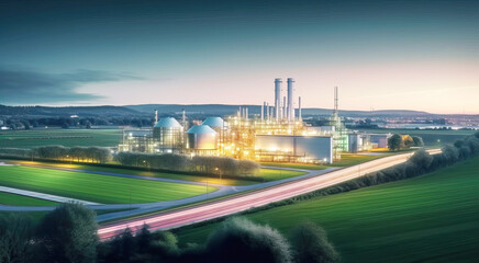 A modern hydrogen processing factory, clean energy generation plant on the green landskape background.