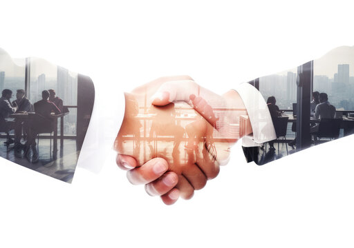 Shaking hands, teamwork on background, bussines concept, multiexposure.