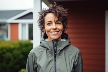 Portrait of a happy woman in her 50s wearing a functional windbreaker against a stylized simple home office background. AI Generation