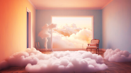 Dreams room with chair among the clouds on the sunset background. Rest and calm.