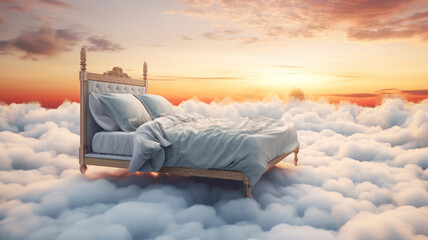 Soaring bed with soft blanket, among the fluffy clouds on the sunset background. - obrazy, fototapety, plakaty