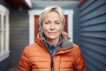 Portrait of a smiling woman in her 50s donning a durable down jacket against a stylized simple home office background. AI Generation