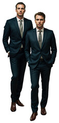 Businessmen, business people in full height, corporation, entrepreneurship, hands in pockets, two businessmen, duo, in suit, tie, politician, transparent background, png