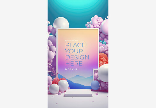Fantasy Vivid Frame Mockup Template - Balloons In Sky Background with Customizable Design Space for Website Or Presentation - Stock Illustration Frame