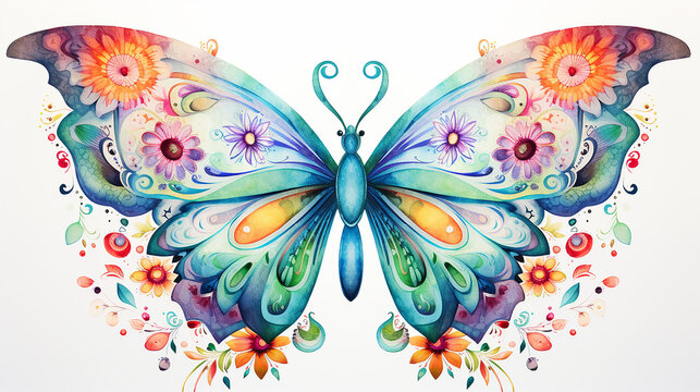borboleta estilo Boho clipart, aquarela, fundo branco