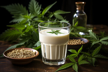 Hemp milk, a glass of drink on the background of cannabis leaves, milk from marijuana. Hemp products. AI