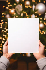 Close-up of female hands holding blank paper sheet on christmas background.