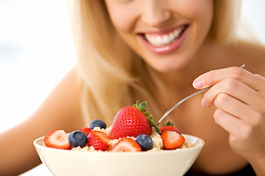 Woman's Mouth Enjoys a Medley of Fresh Fruit Salad Delight AI generated