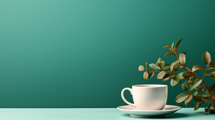 A cup of tea with tree branch with abstract background