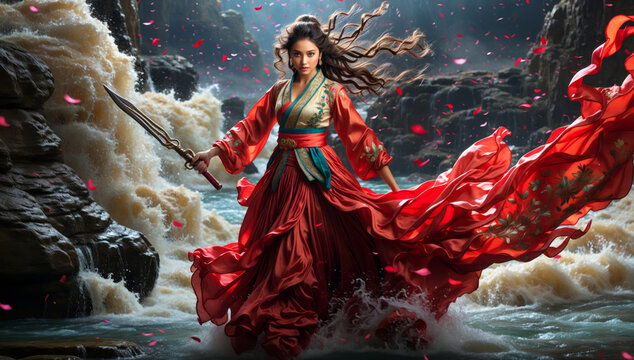A Chinese warrior with a sword in a red dress.