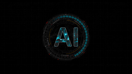 Blue digital AI letter and circle futuristic HUD elements with flowing arrows with Ai chatbot and machine learning technology and ai assistance concepts on abstract background