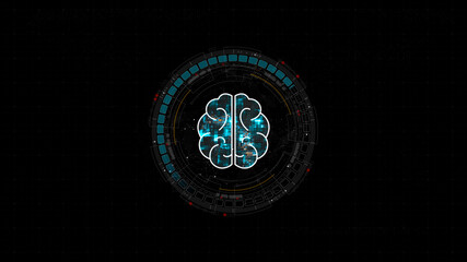 Blue digital robot brain logo and circle futuristic HUD elements with flowing arrows with Ai chatbot and machine learning technology and ai assistance concepts on abstract background