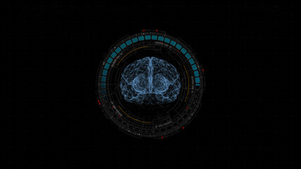 Blue digital robot brain logo and circle futuristic HUD elements with flowing arrows with Ai chatbot and machine learning technology and ai assistance concepts on abstract background