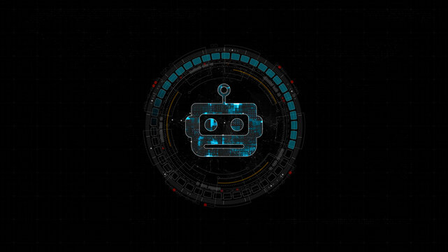 Blue digital robot head logo and circle futuristic HUD elements with flowing arrows with Ai chatbot and machine learning technology and ai assistance concepts on abstract background