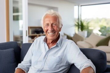 Fototapeta na wymiar Portrait of a happy man in his 80s sporting a vented fishing shirt against a crisp minimalistic living room. AI Generation