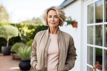 Fototapeta premium Portrait of a content woman in her 60s wearing a trendy bomber jacket against a crisp minimalistic living room. AI Generation