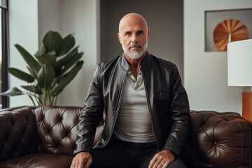 Fototapeta premium Portrait of a glad man in his 60s sporting a stylish leather blazer against a crisp minimalistic living room. AI Generation