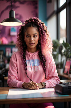 Gen Alpha - Black Teen Girl with Pink Hair on a Colored Background
