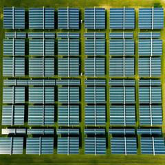 Solar panels at solar farm in a green field. Photovoltaic technology for sustainability, renewable and clean energy, and a sustainable planet, leading the energy transition