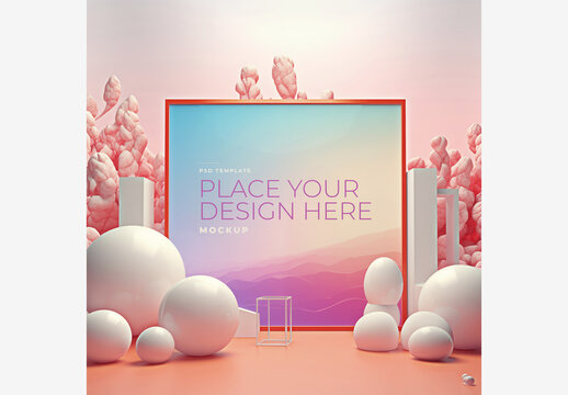 Fantasy Vivid Frame Mockup Template: Pink and White Background with Blue and Purple Accents, Perfect for Your Design Placement Frame Mockup Template