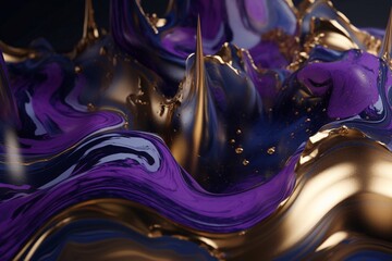Luxury fluid art painting background. Spilled purple, blue and gold acrylic paint. Liquid marble pattern. Alcohol ink splash. Generative AI
