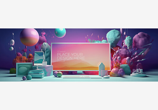 Frame Mockup Template: Vibrant Computer Screen with Customizable Design, Surrounded By Colorful Balloons, Mountain Range, and Clouds on Sky Background