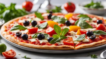 a deliciously cheesy and perfectly baked pizza, adorned with vibrant red tomato sauce, slices of fresh vegetables like bell peppers and mushrooms, succulent olives, and savory meat toppings