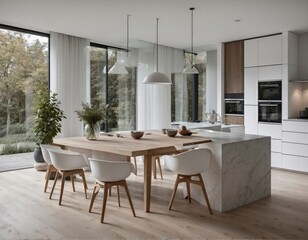 Contemporary Elegance House Boasts a Modern Kitchen, Table, Wooden Elements, and Parquet Floor, Embracing a Minimalist White and Gray Interior.