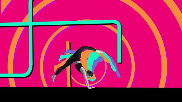 Downward facing dog pose. Young girl training, structing over pink background. Stop motion, animation. Concept of professional sport, creativity, healthy and active lifestyle. Betting