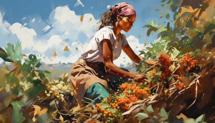 An illustration of an Ethiopian woman picking coffee beans among coffee plantations, depicted with warm colors.