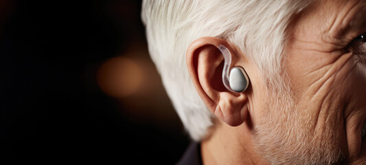 Hearing aids for seniors, aid, technology, or healthcare or medical device consultation for deaf patients with tinnitus. Listening, testing, and exam ear tech with a senior male in the clinic