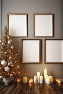 Christmas interior with Christmas tree, candles and frames.