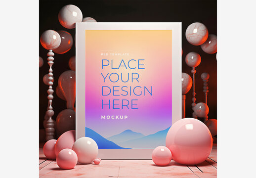 Colorful Frame Mockup Template with Pink and Purple Background, Place Your Design Here Sign, and White Ball on Table with Balls