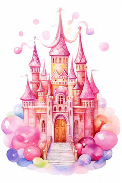 Fairy princess castle, watercolor illustration. pink palace on the clouds. fairytale, sweet home on a white background.