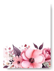 Arrangement of blush pink azalea flowers and leaves at corner frame hand painting on wedding invitation card