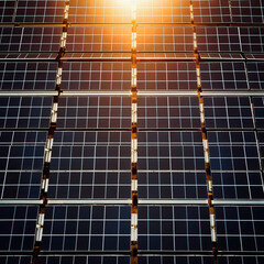 Obraz premium Solar panels at a solar farm in the desert at sunrise. Photovoltaic technology for sustainability, renewable and clean energy, and a sustainable planet, leading the energy transition