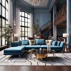 niebieska kanapa w eleganckim wnętrzu
